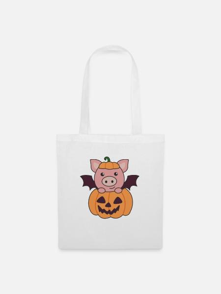 Schwein Halloween Kürbis Fledermaus Kostüm - Stoffbeutel - Weiß