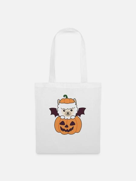 Alpaka Happy Halloween Kürbis Fledermaus Kostüm - Stoffbeutel - Weiß