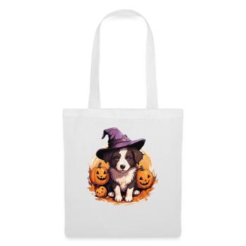 Halloween Chapeau de Sorcière Citrouille Chien Border Collie - Sac en tissu - blanc - Devant
