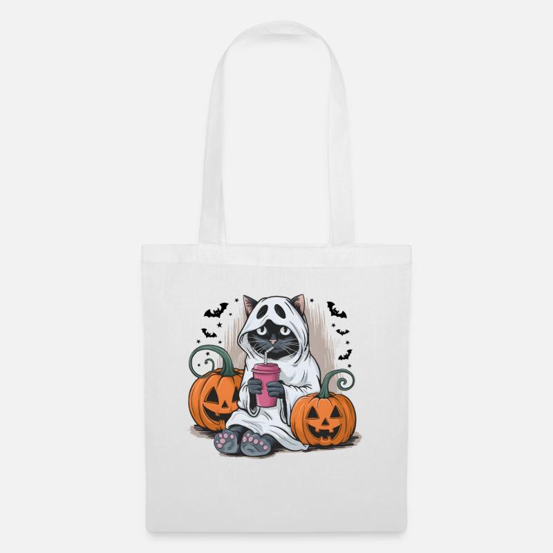 Halloween Ghost Cat Pumpkin Design - Tote Bag - white