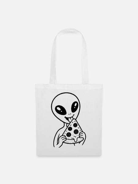 Alien mit Pizza - Stoffbeutel - Weiß