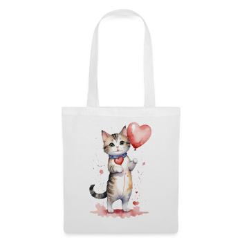 Verspielte Katze mit Herzballon - Aquarell - Stoffbeutel - Weiß - Vorne