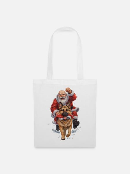 Schäferhund klaut Weihnachtsmannmütze - Stoffbeutel - Weiß