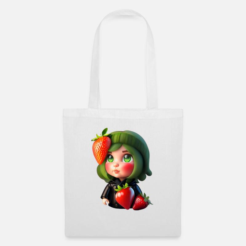 Puppe mit Erdbeeren - Stoffbeutel - Weiß