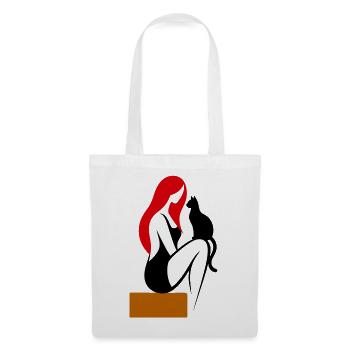 donna_stilizzata_con_capelli_rossi_e_gatto_nero - Stoffbeutel - Weiß - Vorne