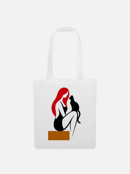 donna_stilizzata_con_capelli_rossi_e_gatto_nero - Stoffbeutel - Weiß
