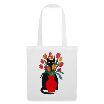 Schwarze Katze und Tulpen - Stoffbeutel - Weiß - Vorne