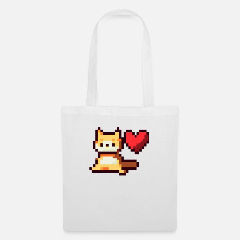 Pixelart, Cat with Heart - Stoffbeutel - Weiß