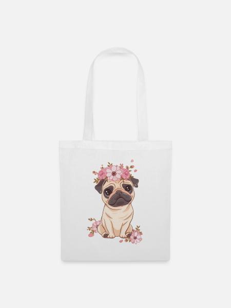 Mops mit Blumen - Stoffbeutel - Weiß