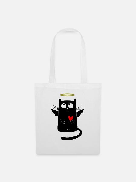 Katze mit Flügel, Herz, Heiligenschein - Stoffbeutel - Weiß