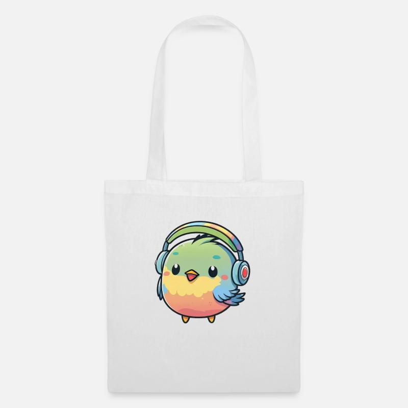 Kawaii Niedlicher glücklicher bunter Vogel mit Kopfhörern - Stoffbeutel - Weiß