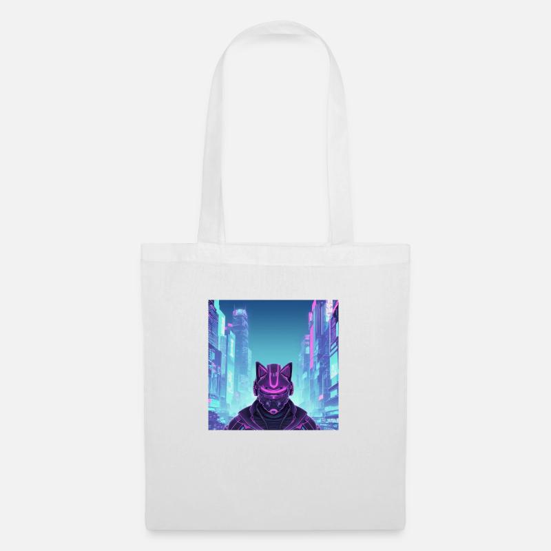 Synthwave Cyber Ninja Katze - Stoffbeutel - Weiß