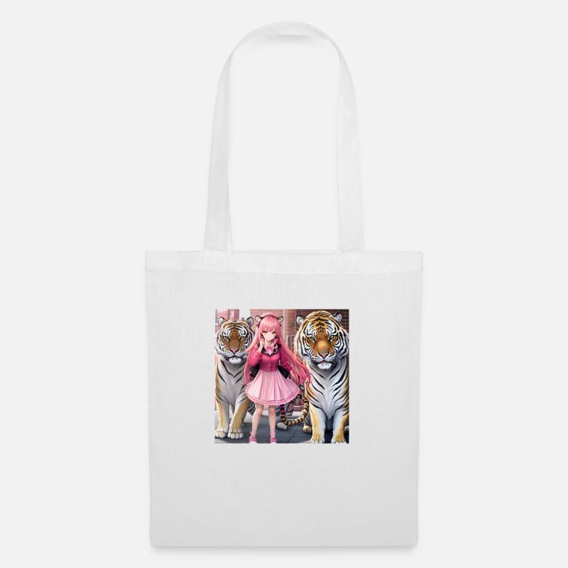 Mädchen mit zwei Anime-Tigern - Stoffbeutel - Weiß