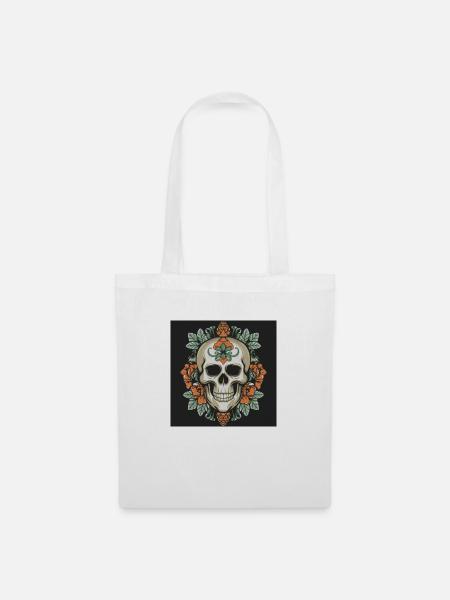Totenkopf mit Rosen - Stoffbeutel - Weiß