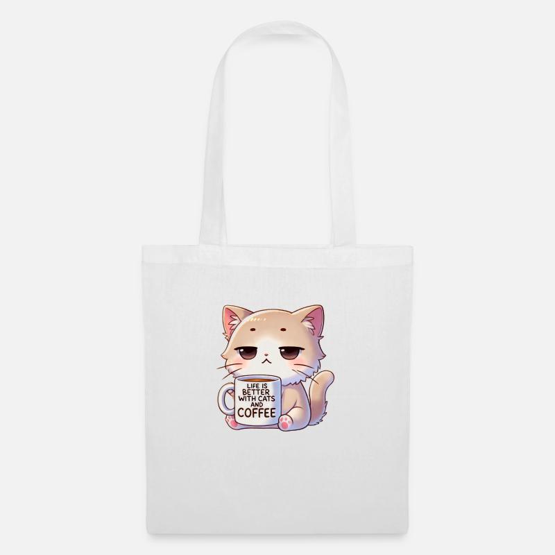 Katze Mit Kaffe - Stoffbeutel - Weiß