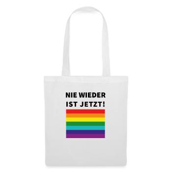 Nie wieder ist jetzt! Schriftzug und Pride Flagge - Stoffbeutel - Weiß - Vorne