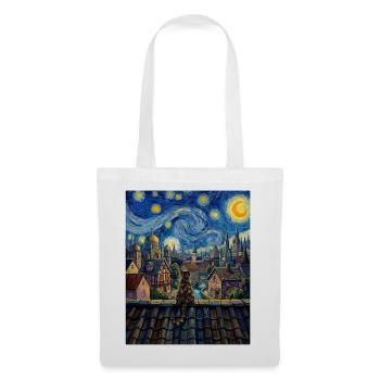 Tabby Cat Starry Night Village Art - Tote Bag - white - Front