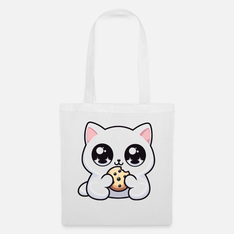 Chat kawaii mignon avec biscuit Cadeaux mignons - Sac en tissu - blanc