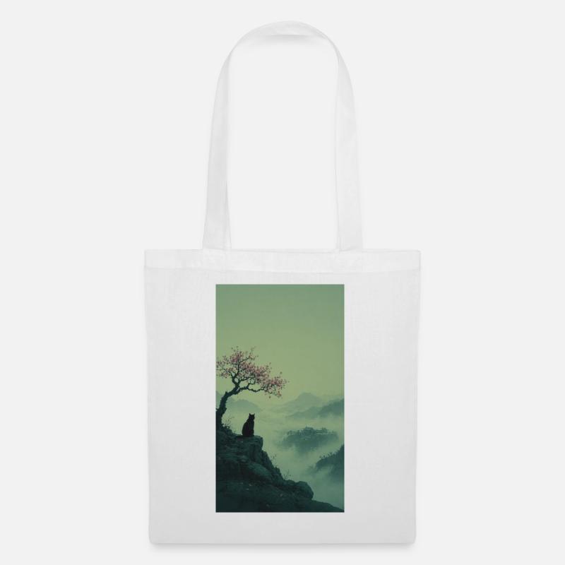 Schwarze Katze am Sakura-Baum – Asian Zen Design - Stoffbeutel - Weiß