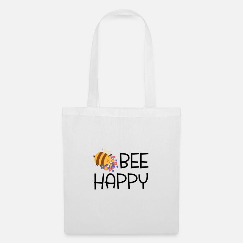"Bee Happy" - schwarzer Schriftzug mit Biene - Stoffbeutel - Weiß