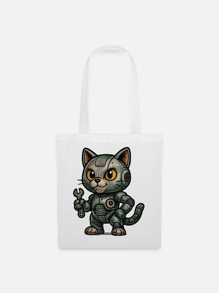 Retro RoboKatze mit Werkzeug - Stoffbeutel - Weiß