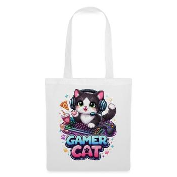 Gamer Cat - Kawaii Katze mit Headset & Tastatur - Stoffbeutel - Weiß - Vorne