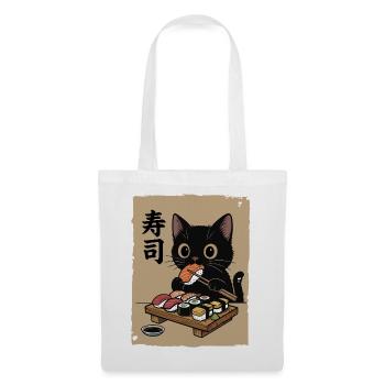 Schwarze Katze isst Sushi Japan Retro - Stoffbeutel - Weiß - Vorne