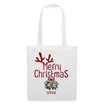 Merry Christmas 2026 mit Geweih und Mistelzweig - Stoffbeutel - Weiß - Vorne