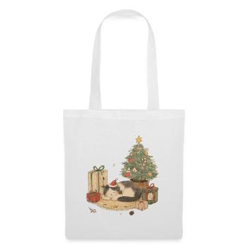 Gemütliche Weihnachtskatze mit Geschenken - Stoffbeutel - Weiß - Vorne