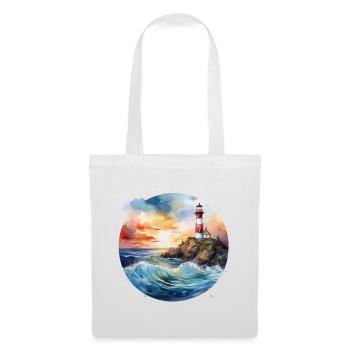 Phare majestueux au coucher du soleil avec des vagues déferlantes - Sac en tissu - blanc - Devant