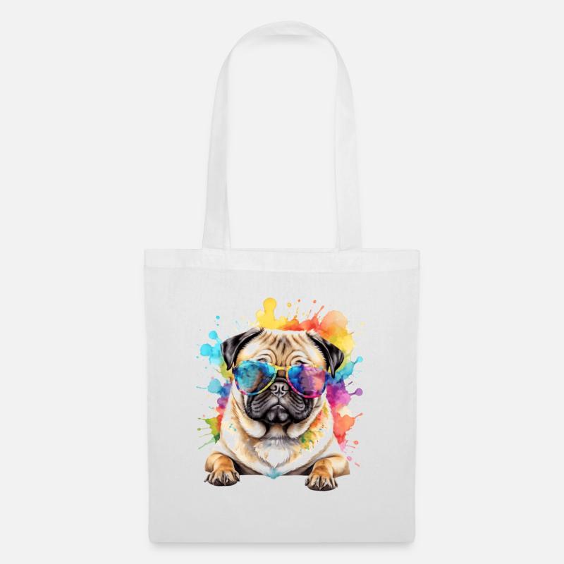 Mops Sonnenbrille Hund Bunt Lustig Design Print - Stoffbeutel - Weiß