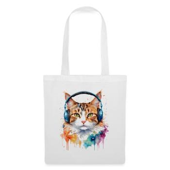 Katze Kopfhörer Bunt Lustig Tier Design Print - Stoffbeutel - Weiß - Vorne