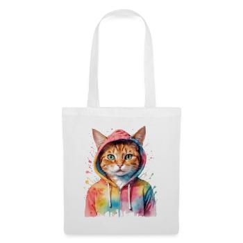 Katze Hoodie Bunt Lustig Tier Design Print - Stoffbeutel - Weiß - Vorne