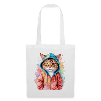 Katze Hoodie Bunt Lustig Tier Design Print - Stoffbeutel - Weiß - Vorne
