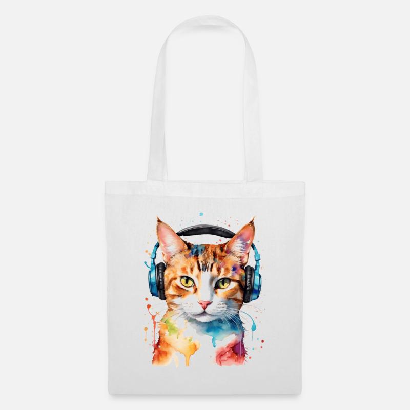 Katze Kopfhörer Bunt Lustig Tier Design Print - Stoffbeutel - Weiß