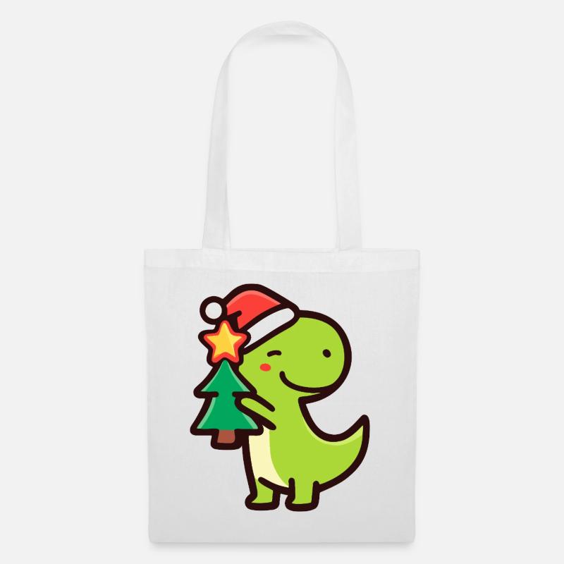 Kawaii Dino T-Rex mit Weihnachtsbaum - Stoffbeutel - Weiß