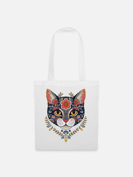 floraler Katzenkopf Kunstdesign - Stoffbeutel - Weiß
