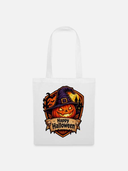 Halloween Kürbis mit Hexenhut - Stoffbeutel - Weiß