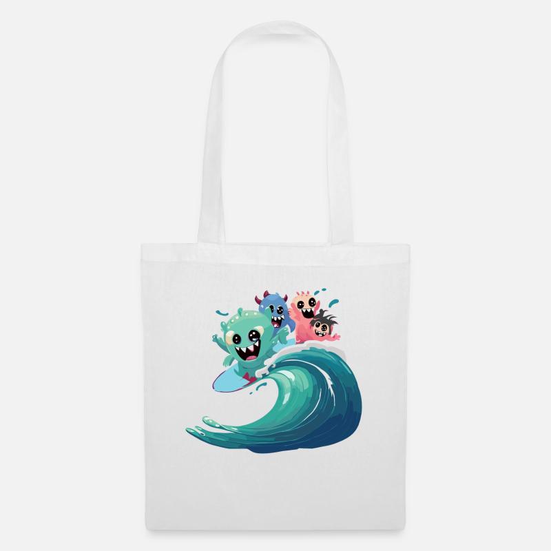 monsters surfing on wave - buntes Surfdesign - Stoffbeutel - Weiß