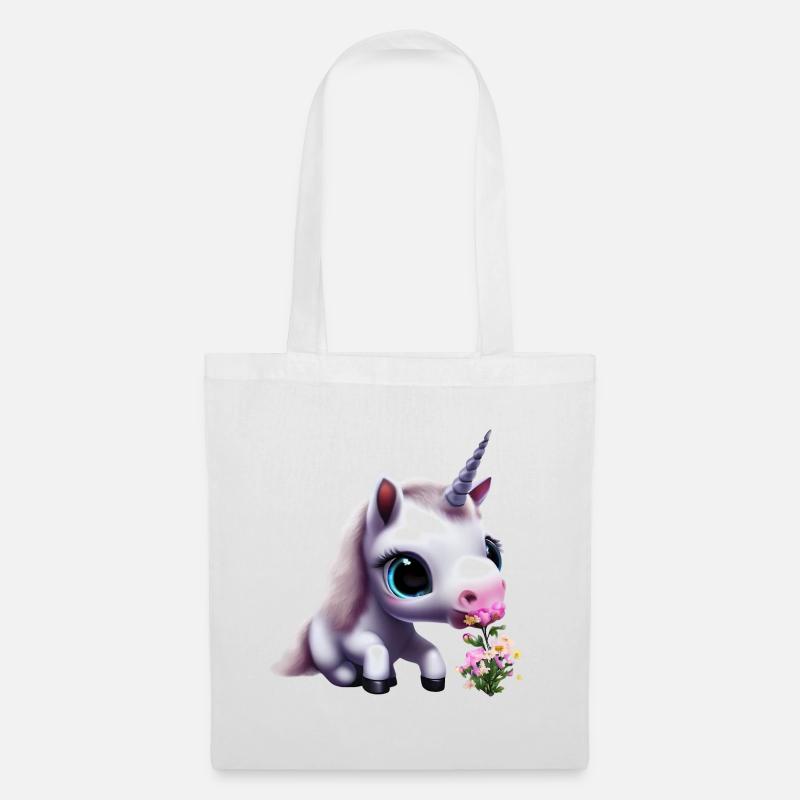 Niedliches Einhorn riecht Blumenstrauß - Stoffbeutel - Weiß