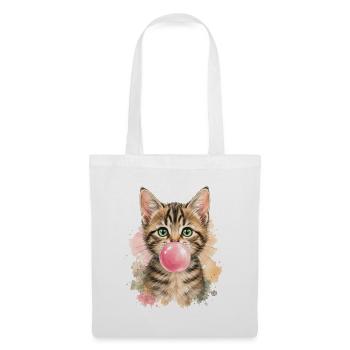 Katze mit rosa Kaugummiblase - Stoffbeutel - Weiß - Vorne