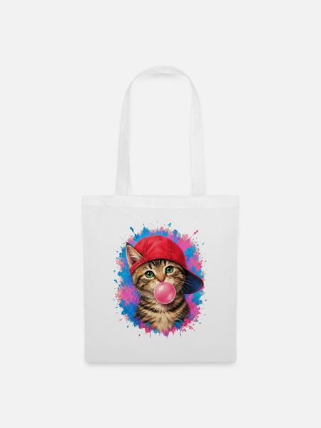 Coole Katze mit Cap und Kaugummi - Stoffbeutel - Weiß