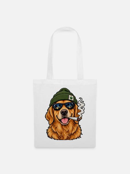 Hund mit Sonnenbrille und Hanf-Beanie - Stoffbeutel - Weiß