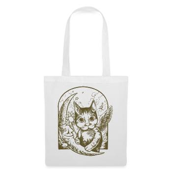 Chat céleste et lune ailée - Sac en tissu - blanc - Devant