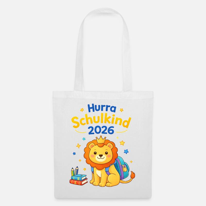 Hurra Schulkind 2026 - Löwe mit Krone - Stoffbeutel - Weiß