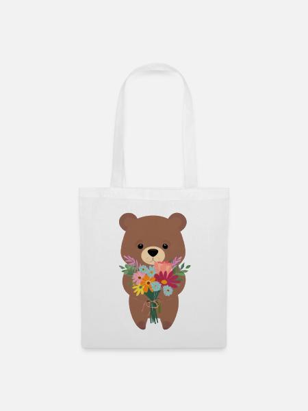 Bär mit Blumenstrauß - Stoffbeutel - Weiß