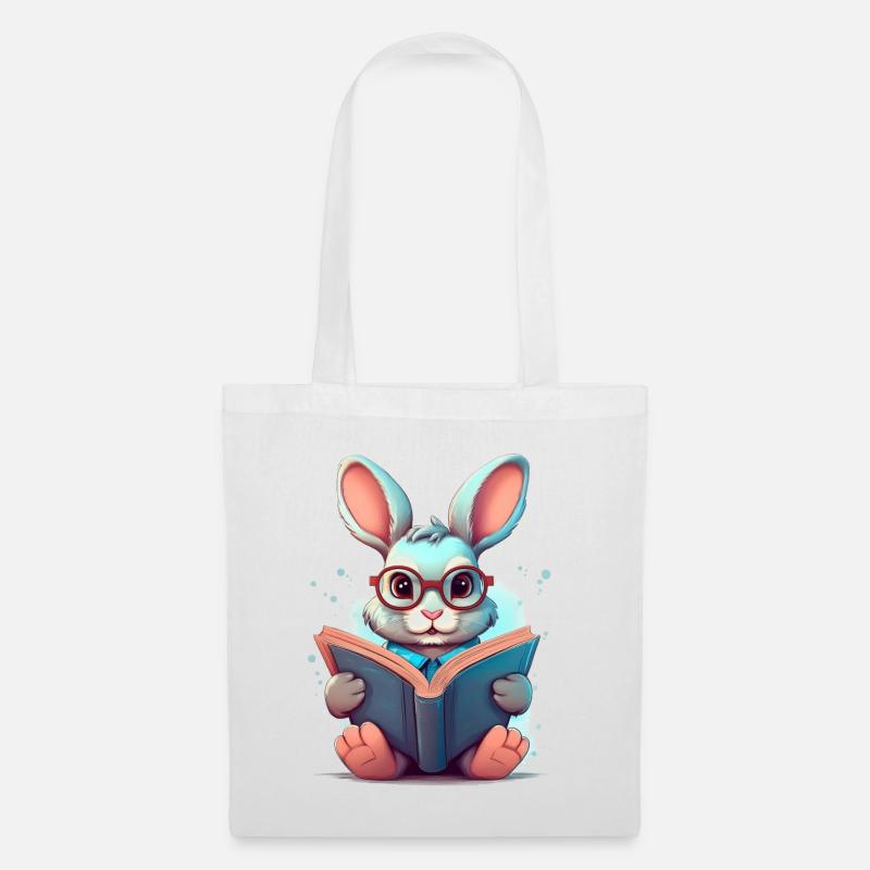 Ein Hase mit Brille liest ein Buch – Schulanfang - Stoffbeutel - Weiß
