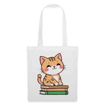 Katze mit Büchern - Stoffbeutel - Weiß - Vorne