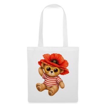 Süßer Teddybär mit Mohnblüten Hut & Blumen Brille - Stoffbeutel - Weiß - Vorne