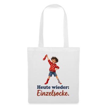 Heute wieder: Einzelsocke. – Junge mit roter Socke - Stoffbeutel - Weiß - Vorne